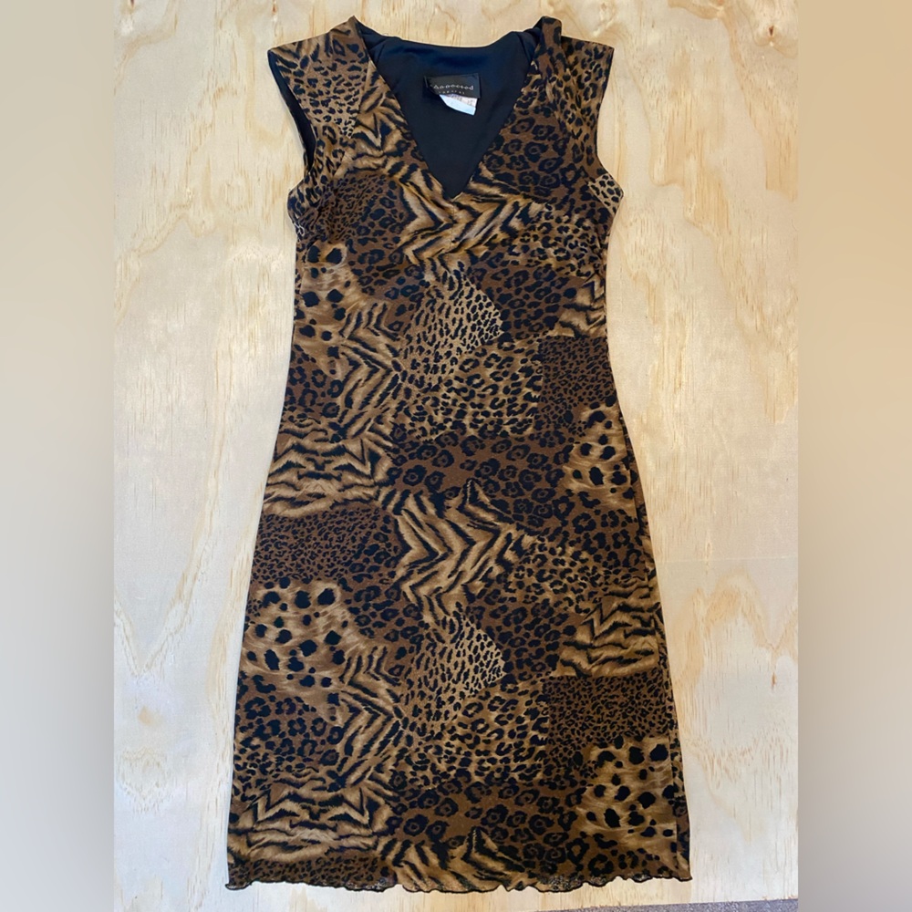 Vintage Animal Print V-Neck Sleeveless Dress - Brown/Black